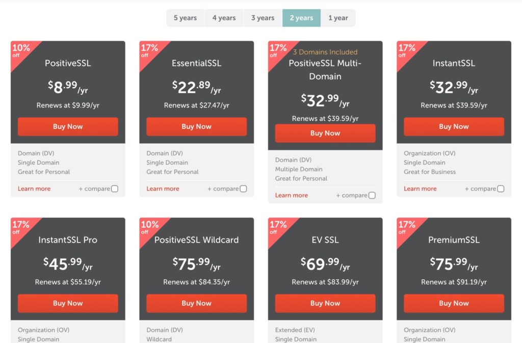 NameCheap screenshot of different 2-year SSL prices