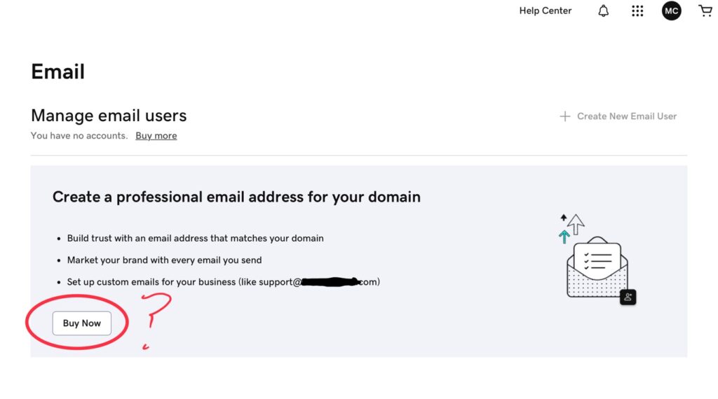 Screenshot of GoDaddy’s email address purchase button