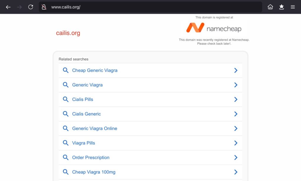 Screenshot of a domain parked with NameCheap