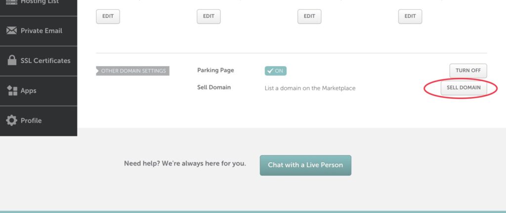 Screenshot of NameCheap’s “sell domain” button